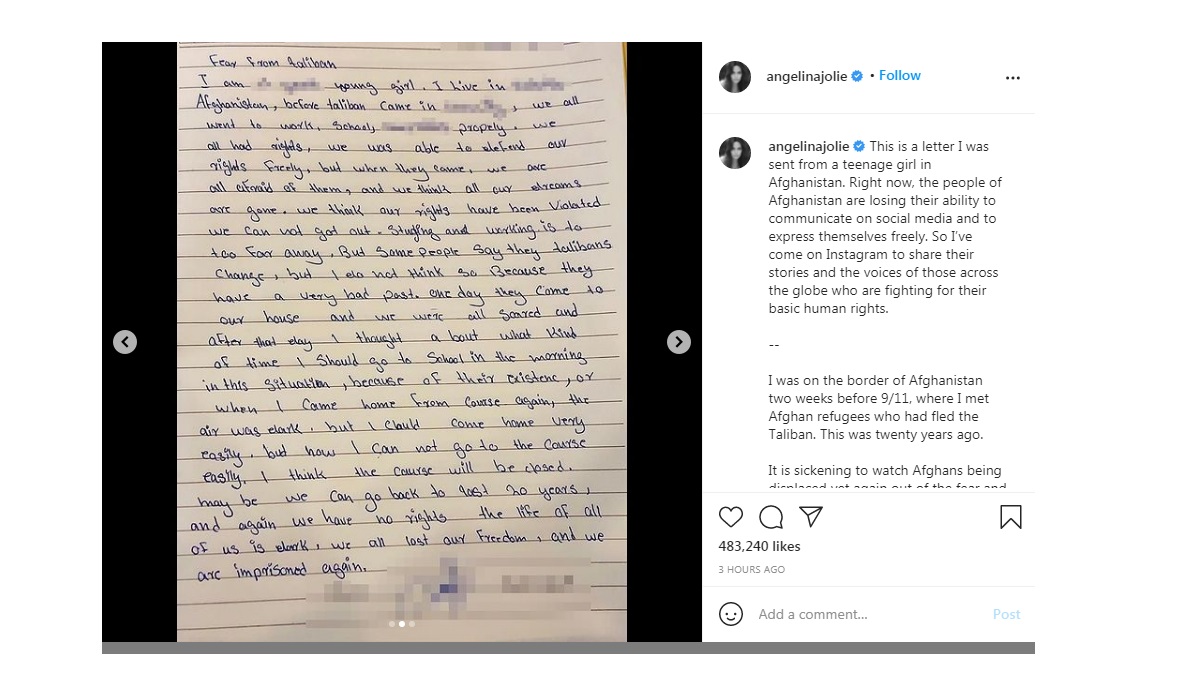 نامه دختر افغان برای آنجلینا جولی