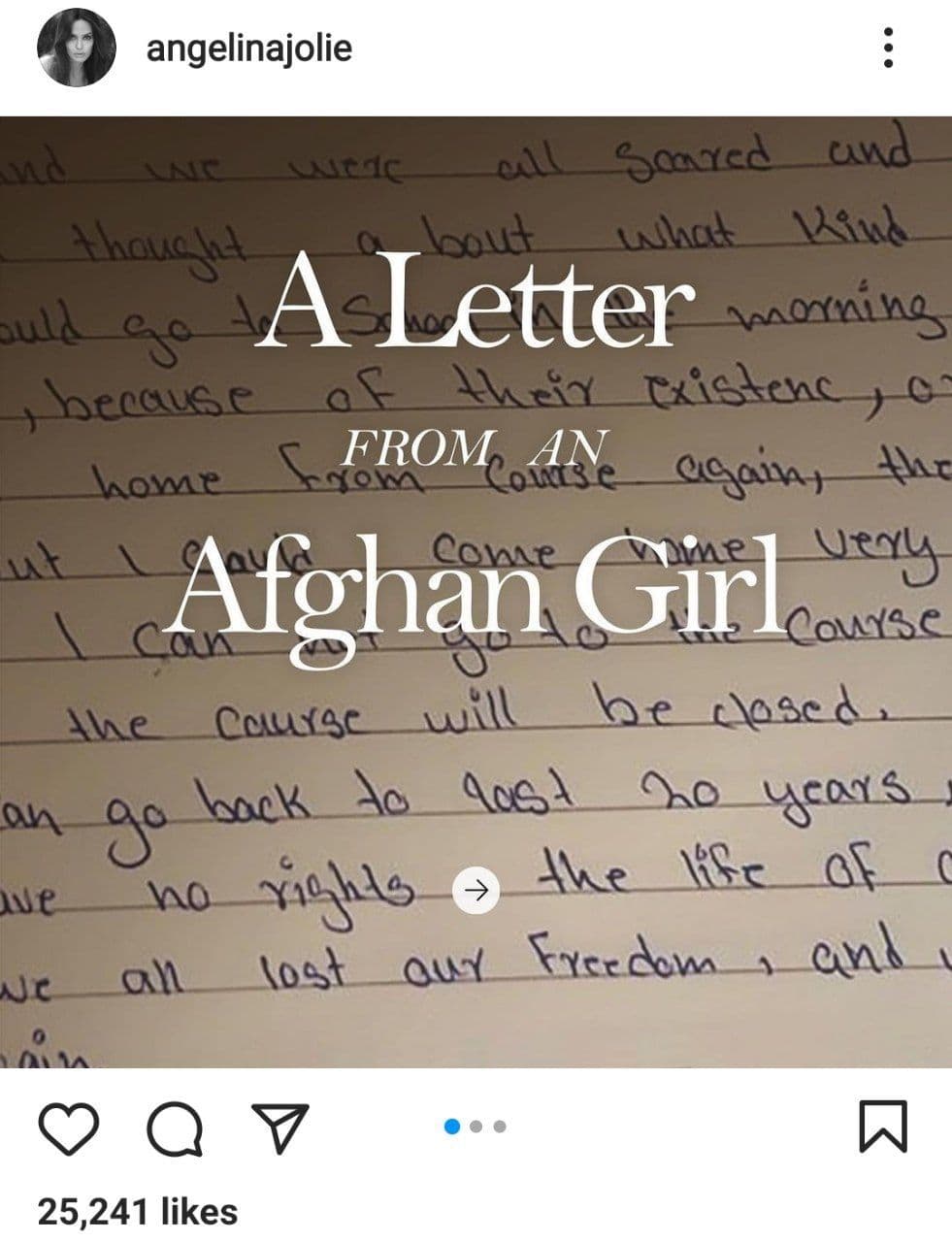 نامه ای از دختر افغان برای آنجلینا جولی در صفحه رسمی اینستاگرام آنجلینا جولی منتشر شد